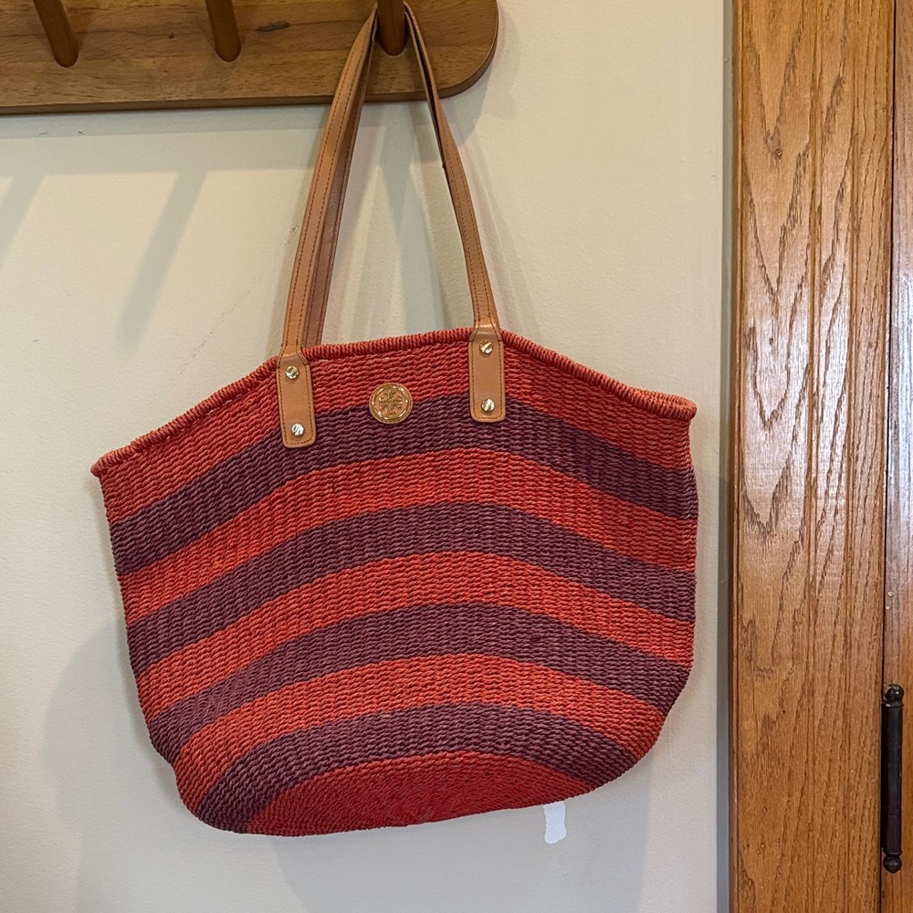 Tory Burch striped woven straw tote